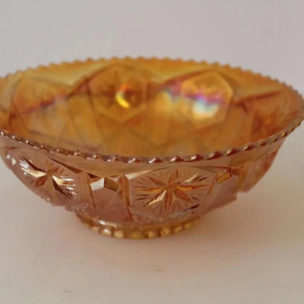 Vintage Antique MCM Orange Carnival Glass Marigold Etched Decorative Food Bowl